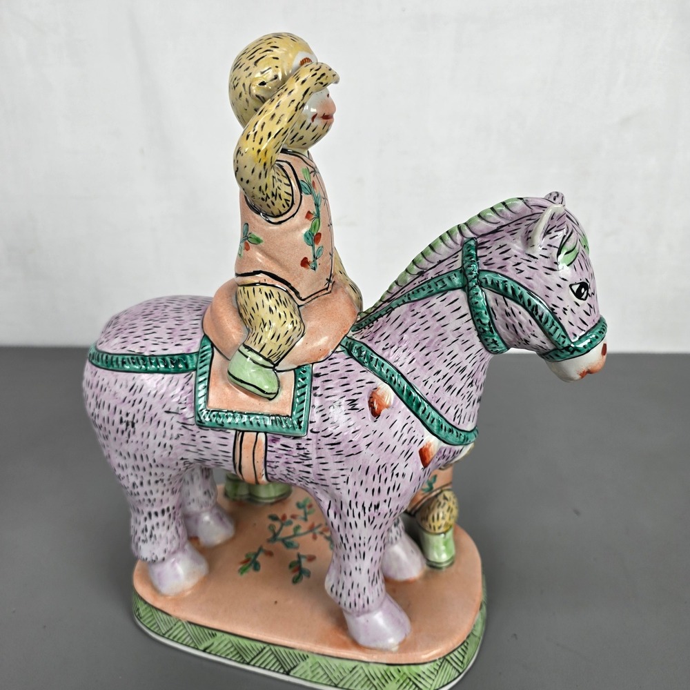 Chinese Famille Rose Porcelain Monkey Riding Horse Figurine Ma Shang Feng Hou - Picture 2 of 14